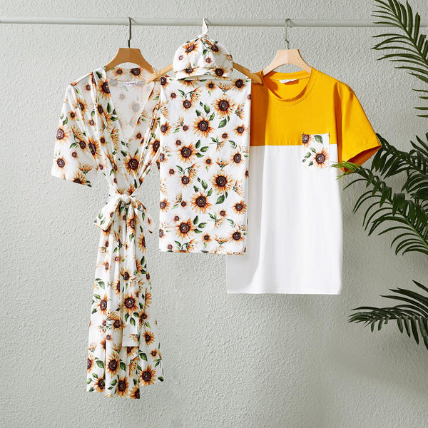 Family Matching Allover Sunflower Print Belted Robe and Swaddle Blanket or Cotton Colorblock Short-sleeve Tee Sets - 20625567