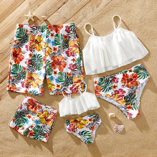 Family Matching Allover Tropical Plant Print Strappy Two-piece Swimsuit and Swim Trunks Shorts - 20606282