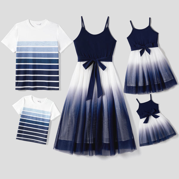 Family Matching Belted Ombre Slip Dresses and Striped Short-sleeve T-shirts Sets - 20653834