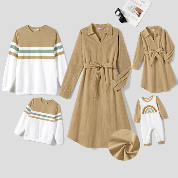 Family Matching Belted Solid V-neck Dresses And Long-Sleeved Color-Block Tops Sets - 20682507