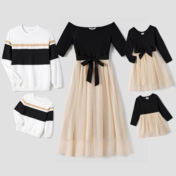 Family Matching Black-Almond Mesh Skirt and Classic Round Neck Long Sleeve Tops Sets - 20682442