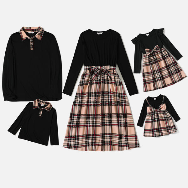 Family Matching Black Long-sleeve Splicing Plaid Dresses and Polo Shirts Sets - 20246705