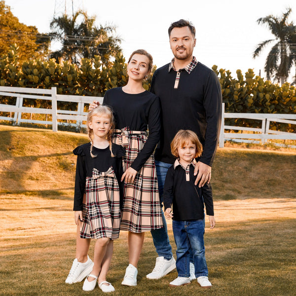 Family Matching Black Long-sleeve Splicing Plaid Dresses and Polo Shirts Sets - 20246705