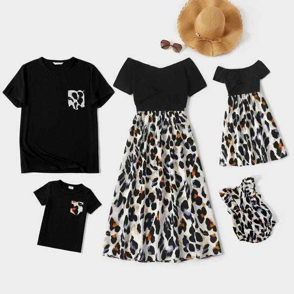 Family Matching Black Splice Leopard Off Shoulder Crisscross Front Short-sleeve Dresses and T-shirts Sets - 20415853