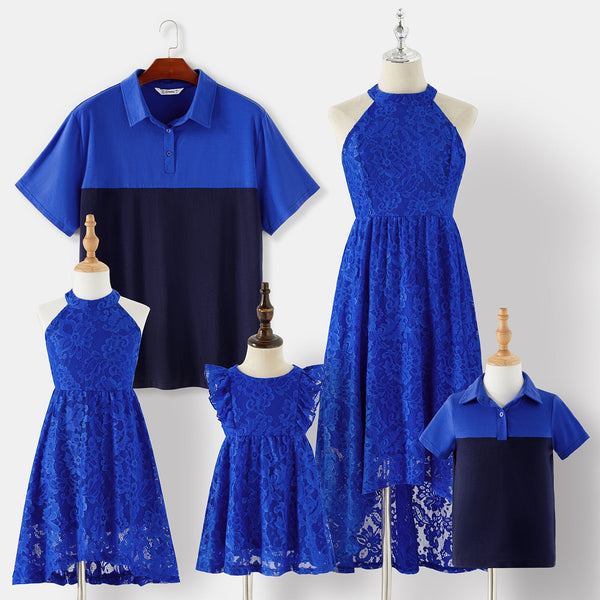 Family Matching Blue Lace Halter Sleeveless Dresses and Colorblock Short-sleeve Polo Shirts Sets - 20430252