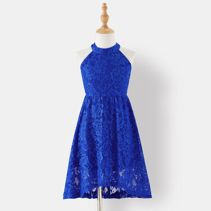 Family Matching Blue Lace Halter Sleeveless Dresses and Colorblock Short-sleeve Polo Shirts Sets - 20430252