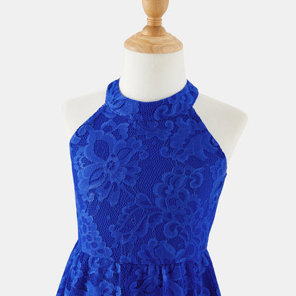 Family Matching Blue Lace Halter Sleeveless Dresses and Colorblock Short-sleeve Polo Shirts Sets - 20430252