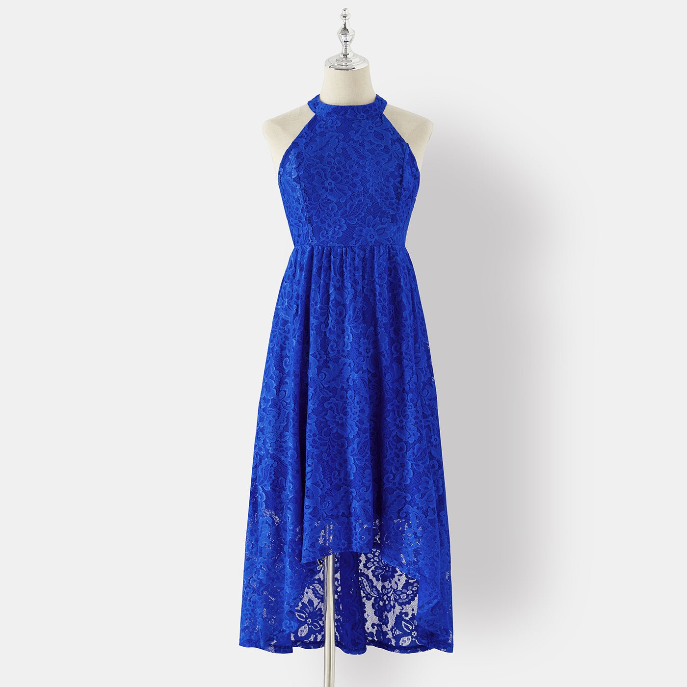 Family Matching Blue Lace Halter Sleeveless Dresses and Colorblock Short-sleeve Polo Shirts Sets - 20430252