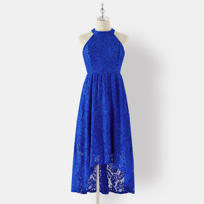 Family Matching Blue Lace Halter Sleeveless Dresses and Colorblock Short-sleeve Polo Shirts Sets - 20430252