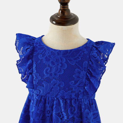 Family Matching Blue Lace Halter Sleeveless Dresses and Colorblock Short-sleeve Polo Shirts Sets - 20430252