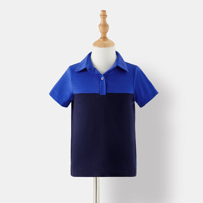 Family Matching Blue Lace Halter Sleeveless Dresses and Colorblock Short-sleeve Polo Shirts Sets - 20430252