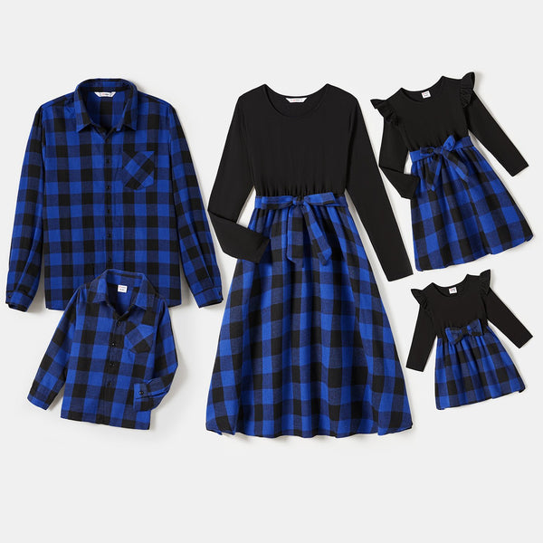 Family Matching Blue Long-sleeve Splicing Plaid Dresses and Polo Shirts Sets - 20683028