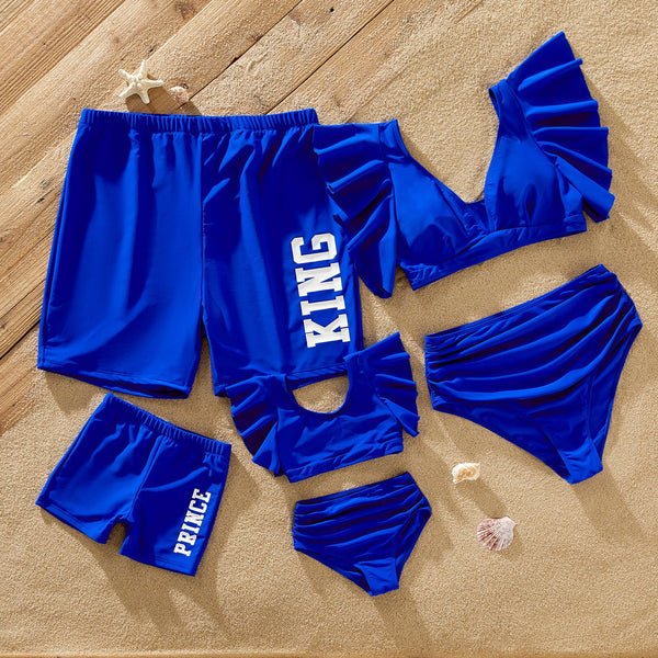 Family Matching Blue Ruffle Trim Two-piece Swimsuit and Letter Print Swim Trunks - 20580536