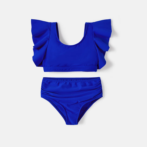 Family Matching Blue Ruffle Trim Two-piece Swimsuit and Letter Print Swim Trunks - 20580536