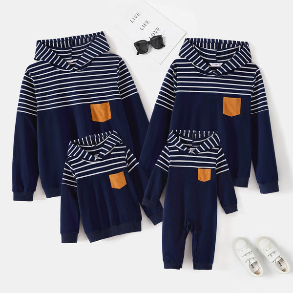 Family Matching Blue Striped Spliced Long-sleeve Hoodies - 20507427