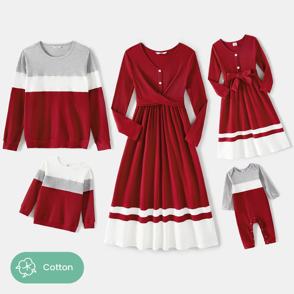Family Matching Burgundy Ribbed Crisscross Pleated Midi Dresses and Long-sleeve Colorblock Tops Sets - 20535949
