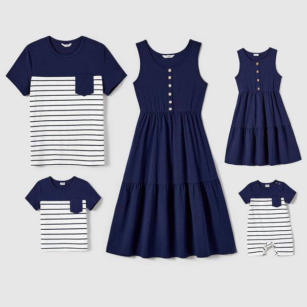 Family Matching Button Decor Tank Dresses and Striped T-shirts Sets - 20679529