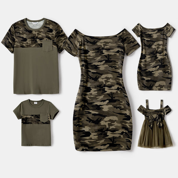 Family Matching Camouflage Tunic Dresses and Patch Pocket T-shirts Sets - 20652194