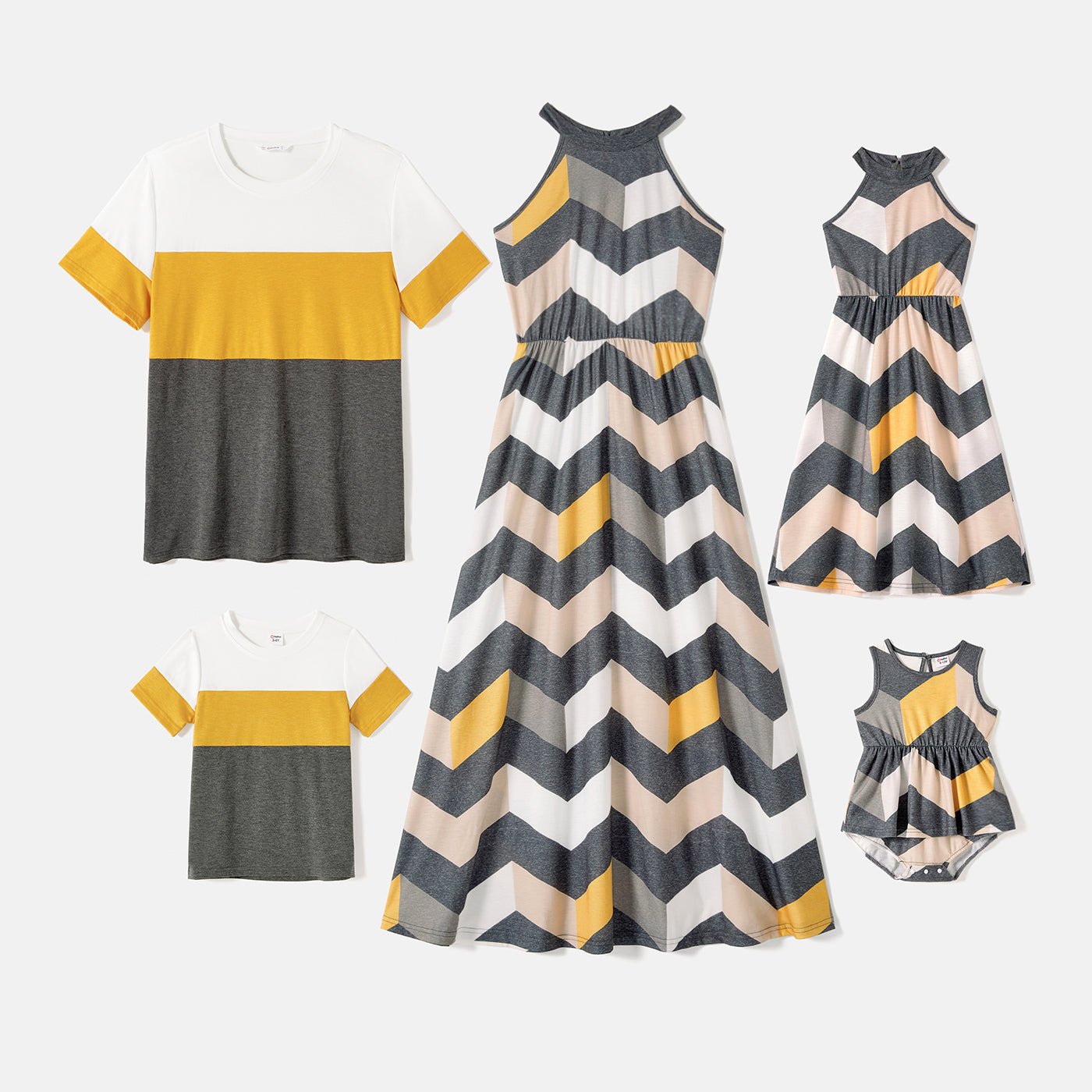 Family Matching Chevron Striped Halter Maxi Dresses and Short-sleeve Colorblock T-shirts Sets - 20551001