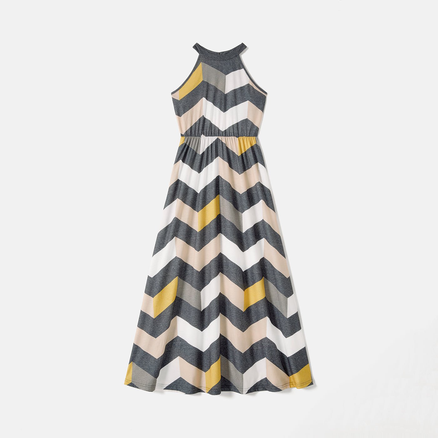 Family Matching Chevron Striped Halter Maxi Dresses and Short-sleeve Colorblock T-shirts Sets - 20551001