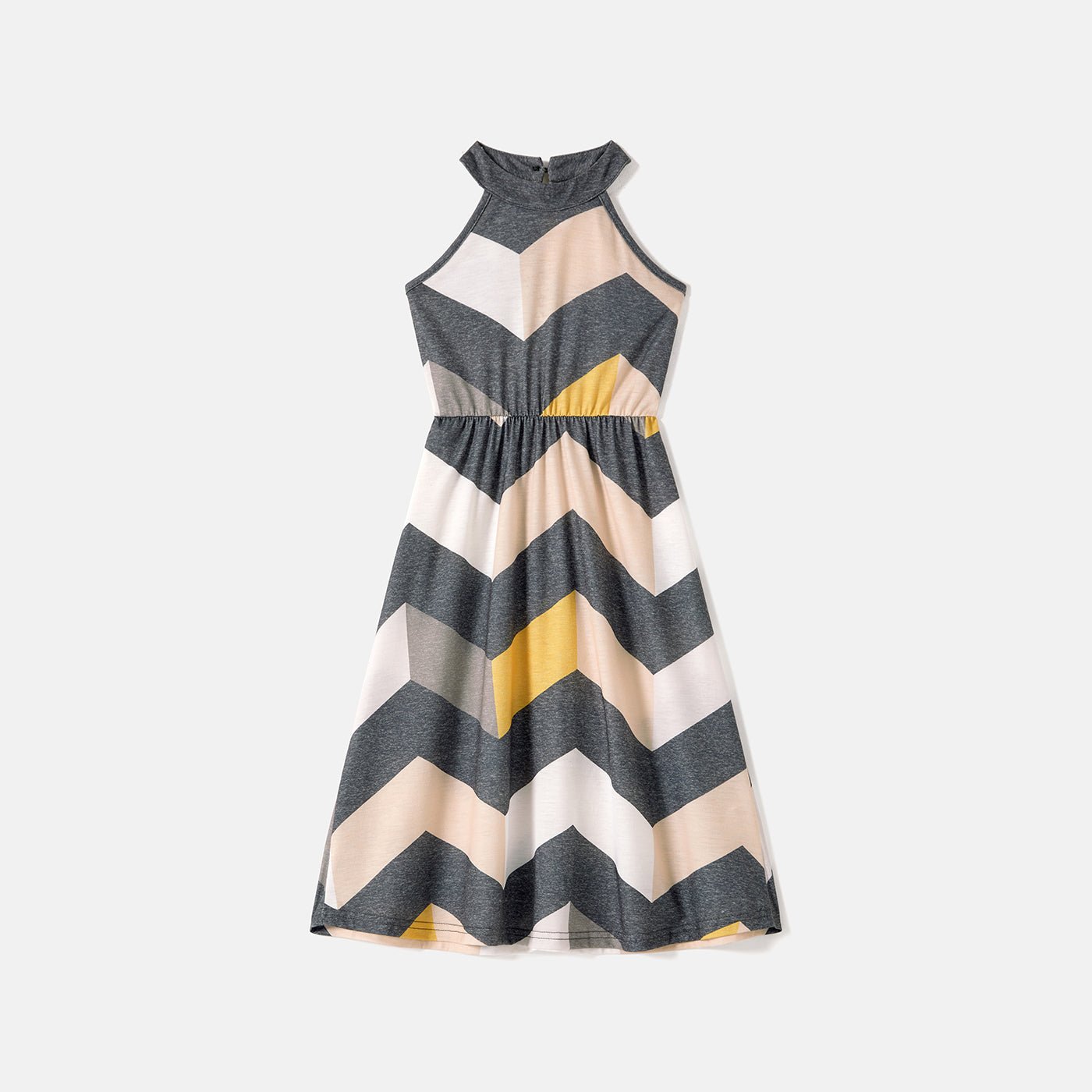 Family Matching Chevron Striped Halter Maxi Dresses and Short-sleeve Colorblock T-shirts Sets - 20551001