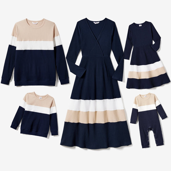 Family Matching Color-Block Knit Long-Sleeved Dresses And Tops Sets - 20716770