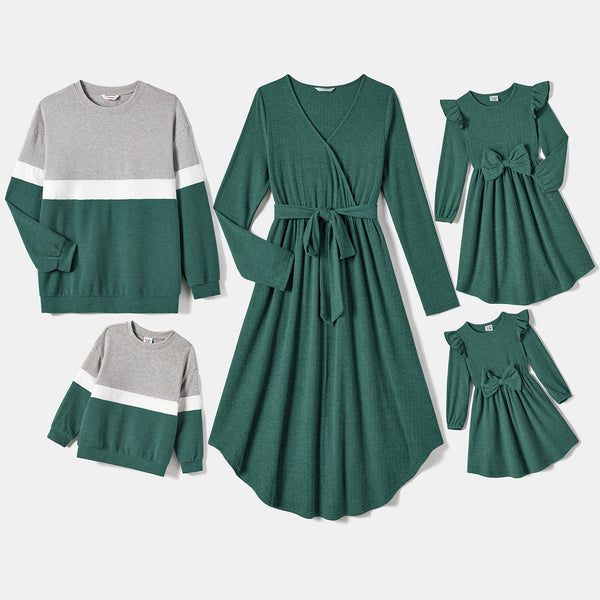 Family Matching Color Contrast tops and Solid Surplice Neck Long-sleeve Belted Dresses Sets - 20691684