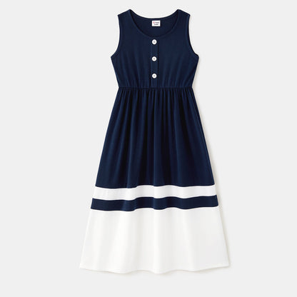 Family Matching Colorblock Button Front Sleeveless Maxi Dresses and Short-sleeve T-shirts Sets - 20418965
