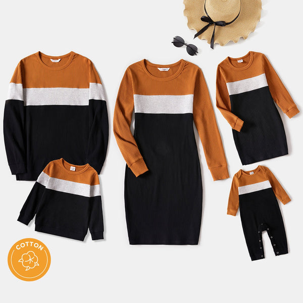 Family Matching Colorblock Rib Knit Long-sleeve Bodycon Dresses and Tops Sets - 20540217