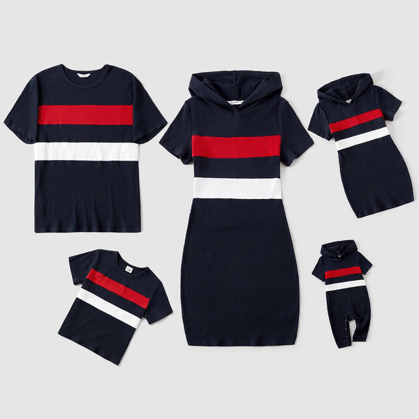 Family Matching Colorblock Ribbed Hooded Bodycon Dresses and Short-sleeve T-shirts Sets - 20518783