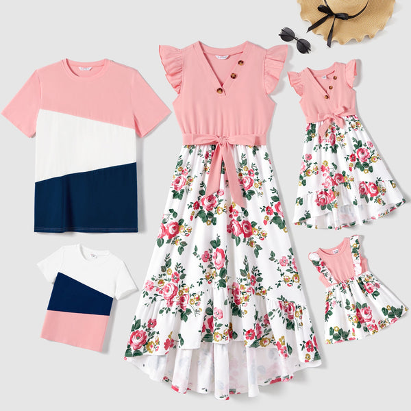 Family Matching Colorblock Short-sleeve Tee and Floral Print Front Buttons Flutter-sleeve Belted Dress Sets - 20672828