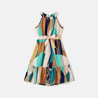 Family Matching Colorblock Sleeveless Belted Halter Dresses and T-shirts Sets - 20587165