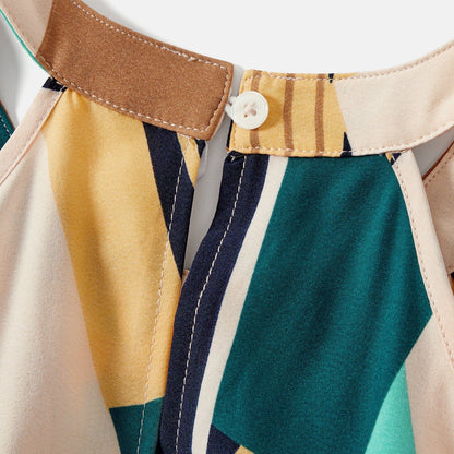 Family Matching Colorblock Sleeveless Belted Halter Dresses and T-shirts Sets - 20587165