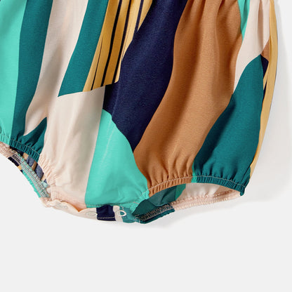 Family Matching Colorblock Sleeveless Belted Halter Dresses and T-shirts Sets - 20587165