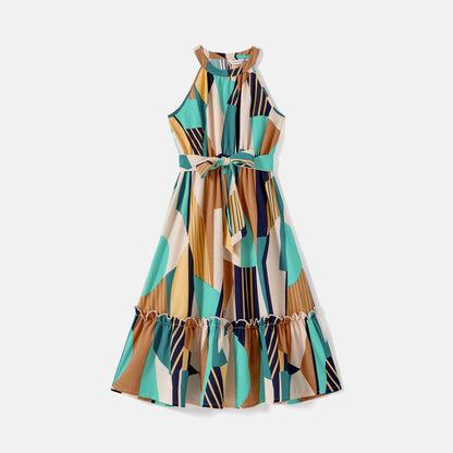 Family Matching Colorblock Sleeveless Belted Halter Dresses and T-shirts Sets - 20587165