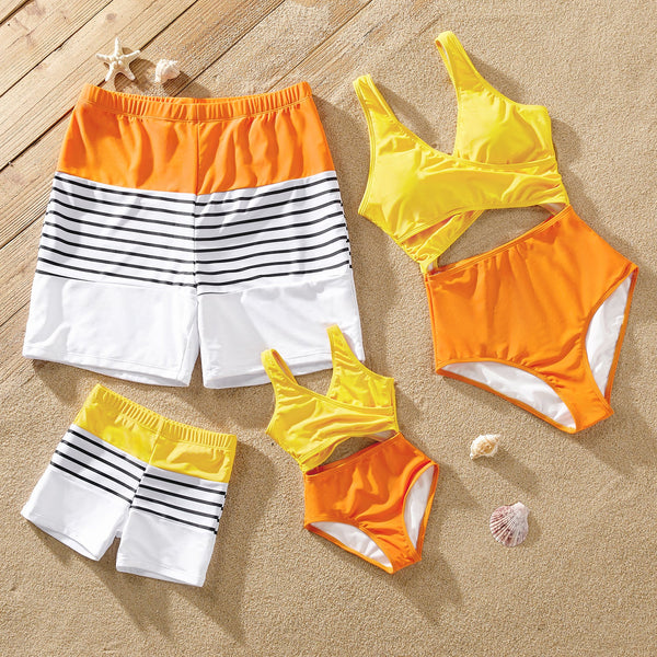 Family Matching Colorblock Spliced Cut Out One-piece Swimsuit or Striped Swim Trunks Shorts - 20622200