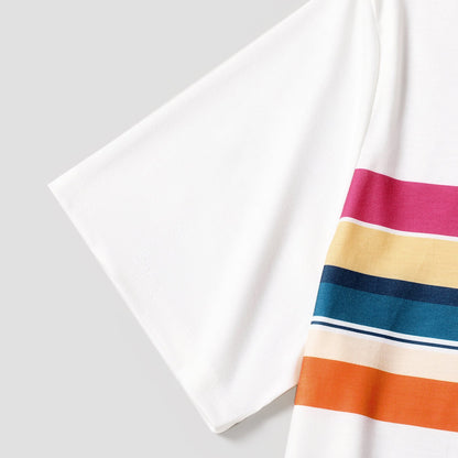 Family Matching Colorful Striped Ruffled High Low Hem Cami Dresses and Short-sleeve T-shirts Sets - 20617623