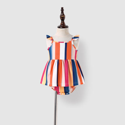 Family Matching Colorful Striped Ruffled High Low Hem Cami Dresses and Short-sleeve T-shirts Sets - 20617623