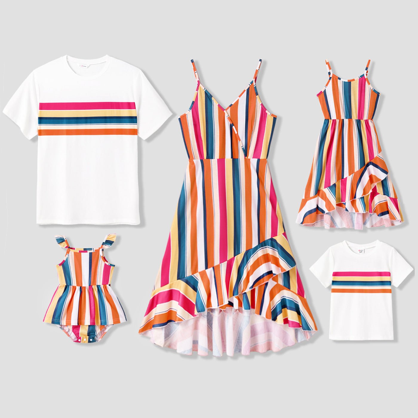 Family Matching Colorful Striped Ruffled High Low Hem Cami Dresses and Short-sleeve T-shirts Sets - 20617623