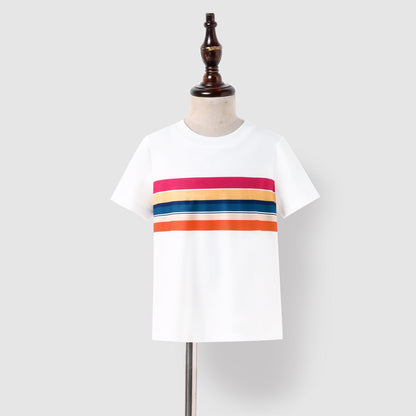Family Matching Colorful Striped Ruffled High Low Hem Cami Dresses and Short-sleeve T-shirts Sets - 20617623