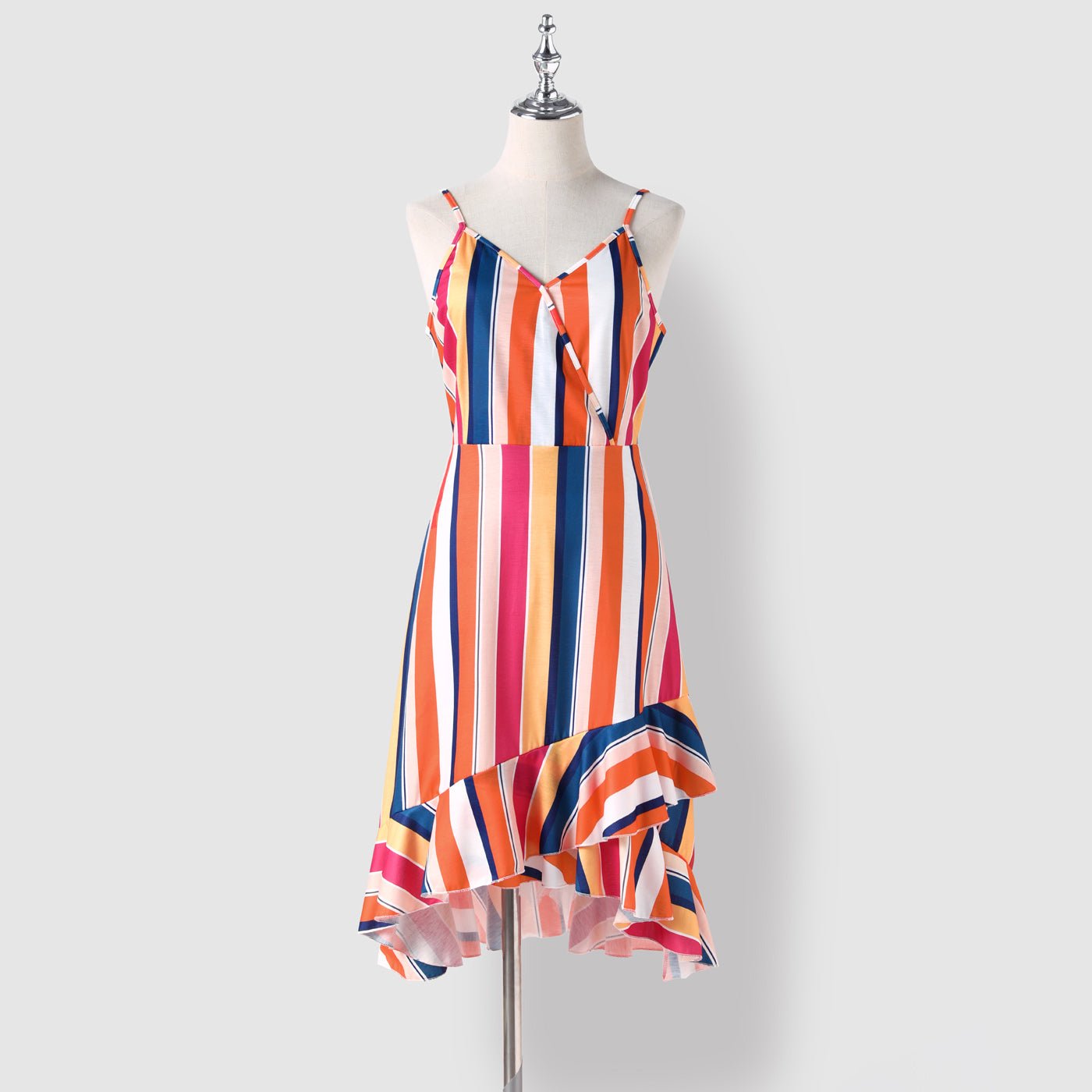 Family Matching Colorful Striped Ruffled High Low Hem Cami Dresses and Short-sleeve T-shirts Sets - 20617623