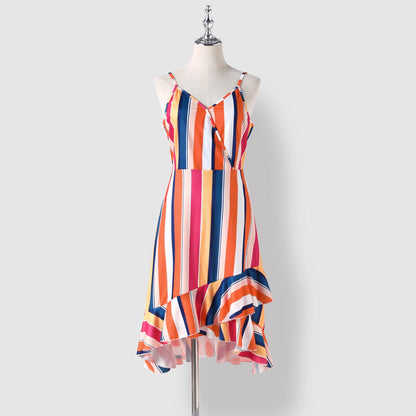 Family Matching Colorful Striped Ruffled High Low Hem Cami Dresses and Short-sleeve T-shirts Sets - 20617623