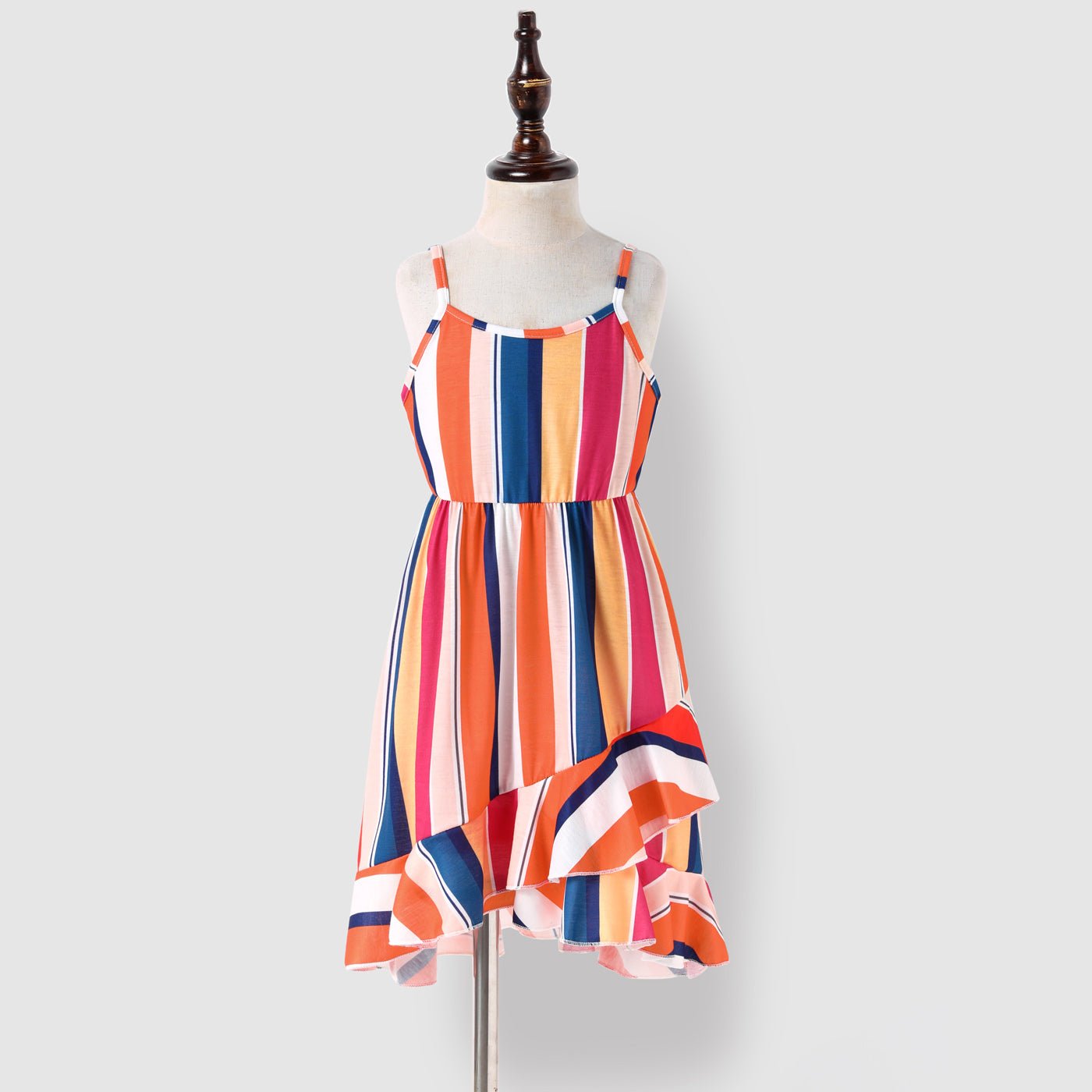Family Matching Colorful Striped Ruffled High Low Hem Cami Dresses and Short-sleeve T-shirts Sets - 20617623
