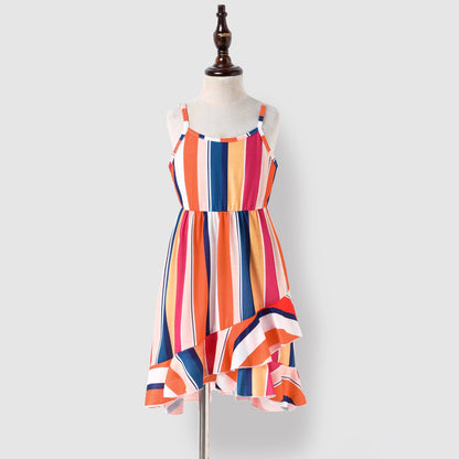 Family Matching Colorful Striped Ruffled High Low Hem Cami Dresses and Short-sleeve T-shirts Sets - 20617623
