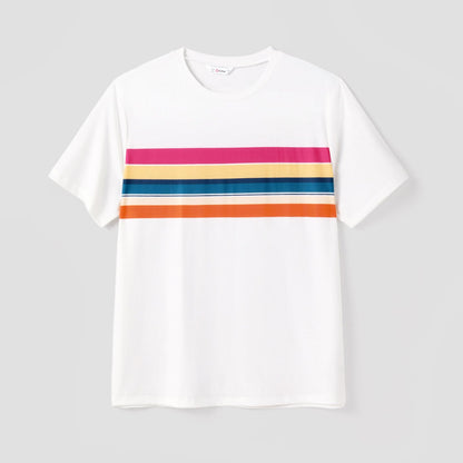 Family Matching Colorful Striped Ruffled High Low Hem Cami Dresses and Short-sleeve T-shirts Sets - 20617623