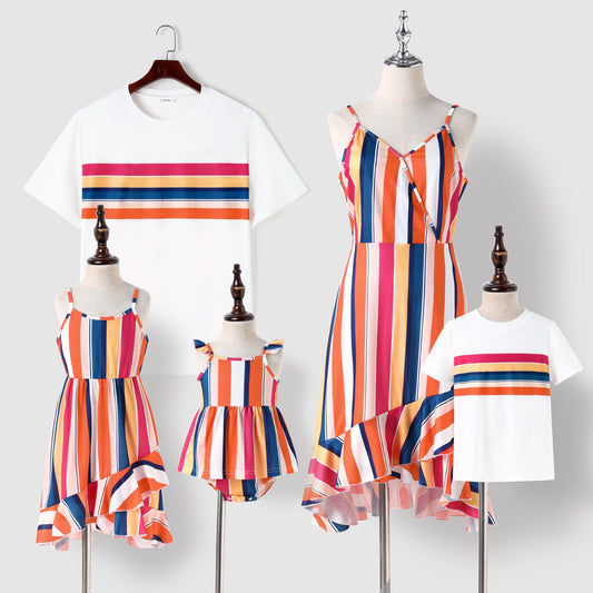Family Matching Colorful Striped Ruffled High Low Hem Cami Dresses and Short-sleeve T-shirts Sets - 20617623