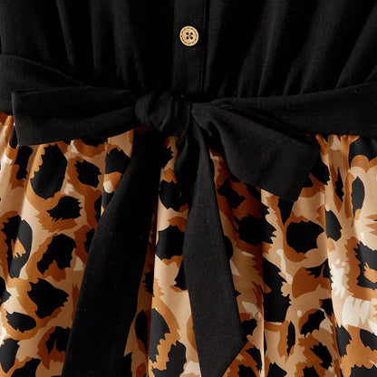 Family Matching Cotton Black Short-sleeve T-shirts and Leopard Print High Low Hem Flutter-sleeve Dresses Sets - 20551039