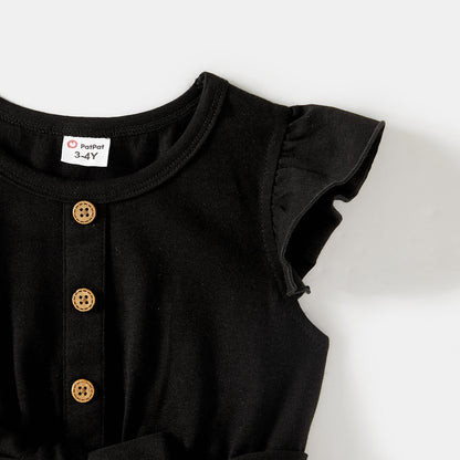 Family Matching Cotton Black Short-sleeve T-shirts and Leopard Print High Low Hem Flutter-sleeve Dresses Sets - 20551039