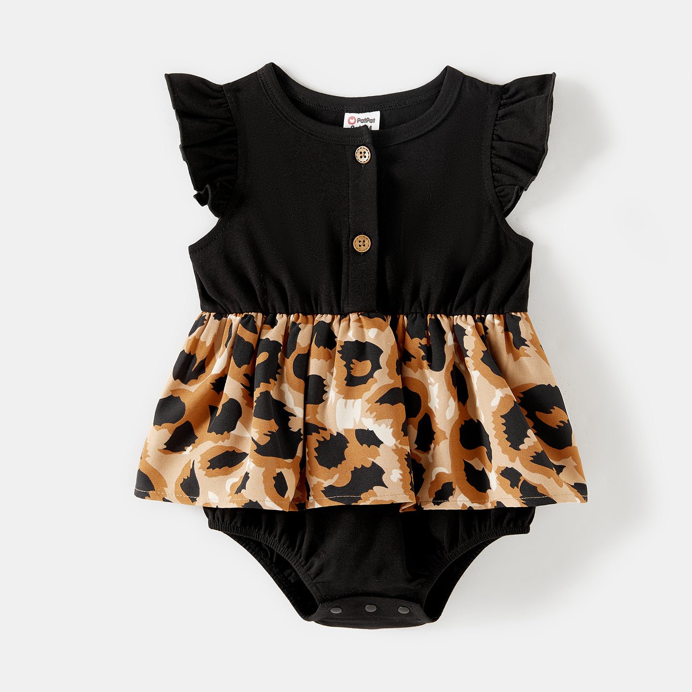 Family Matching Cotton Black Short-sleeve T-shirts and Leopard Print High Low Hem Flutter-sleeve Dresses Sets - 20551039