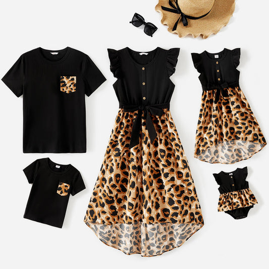 Family Matching Cotton Black Short-sleeve T-shirts and Leopard Print High Low Hem Flutter-sleeve Dresses Sets - 20551039